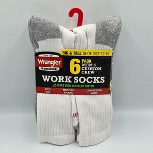 Wrangler Men's 6 Pack Cushion Crew Work Socks Big & Tall Size 12-15 White NEW